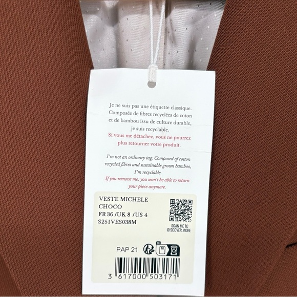 NWT Sézane Michele Double Breasted Blazer | Sz 36 (US 4) | Chocolate Brown - Picture 7 of 16
